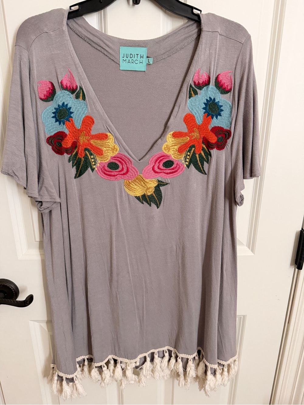 Judith March Gray V-Neck Embroidered Floral Tassel Tunic